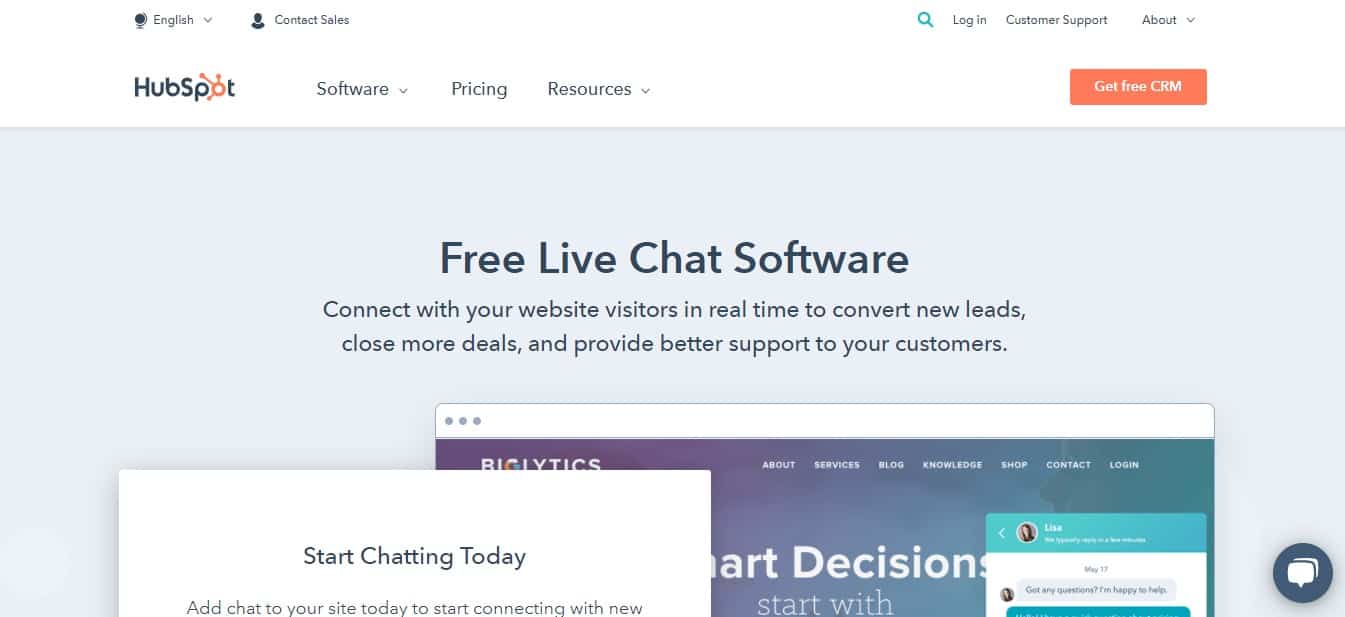 Hubspot live chat Homepage